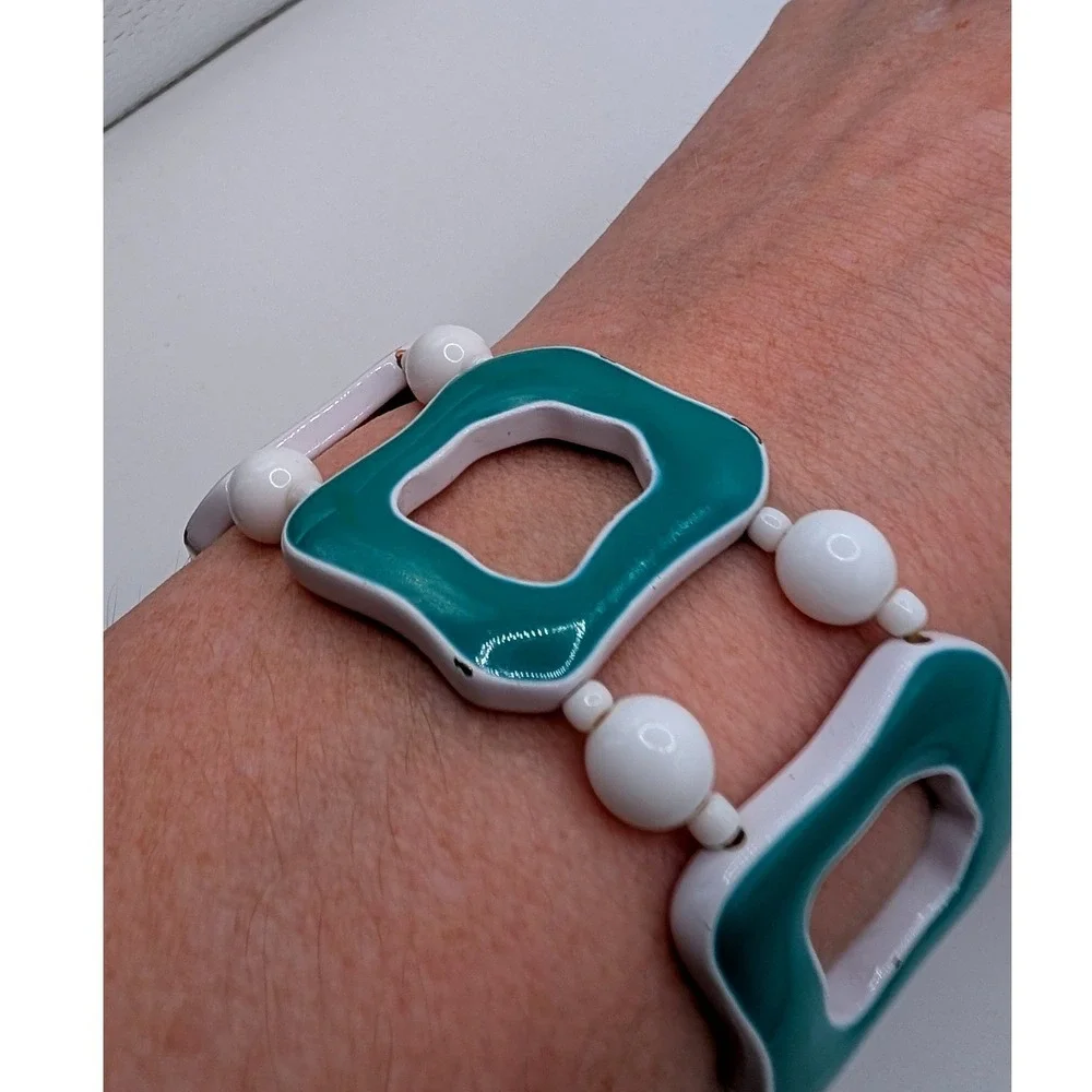 Vintage‎ Teal White Enamel Geometric Stretch Bracelet Mid Century Modern Style